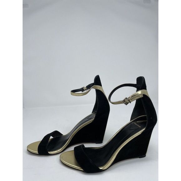 BRIAN ATWOOD Heels Womens 8 Black Suede Wedge Sandals Ankle Strap Gold Detail - Picture 2 of 11